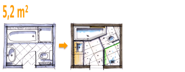 Badplanung Beispiel 5,2 qm Modernes Komplettbad mit pfiffiger Raumaufteilung