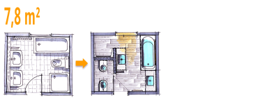 Badplanung Beispiel 7,8 qm Modernes Komplettbad mit Funktionszonen